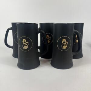 5 Vintage Playboy Club Black Drinking Mugs Glass Matte Black Gold Tankard 16oz